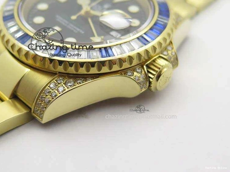 0414 GMT-Master II 116759 YG Bp-Maker Blue Ruby Crystal Bezel Black Dial On YG Bracelet A NewStyle 3775